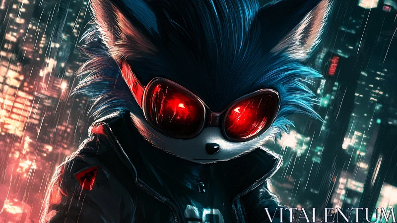 Cyberpunk fox operative with neon-bathed rain city backdrop.