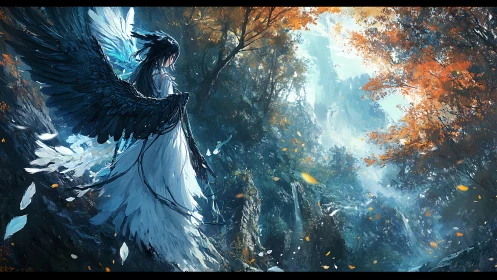 Dark winged angel stands in glowing autumn forest gorge.