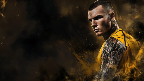 Tattooed athlete in golden haze with intense side glare.