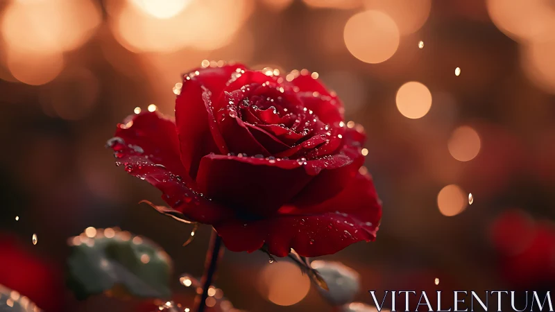 Deep Red Rose Glistening with Dewdrops