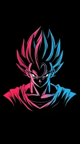 Neon split-tone anime warrior bust on black field.