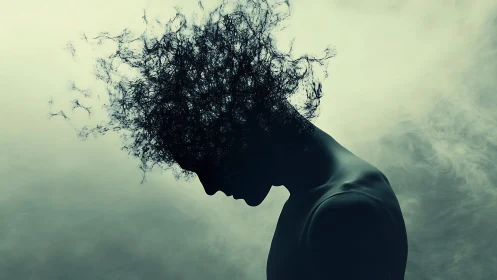 Silhouette portrait with dissolving head in moody smoke storm.