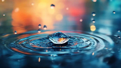 Liquid droplet crown with iridescent bokeh reflections on water.