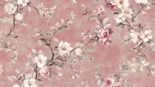 Distressed rose branch pattern on muted pink textile ground.