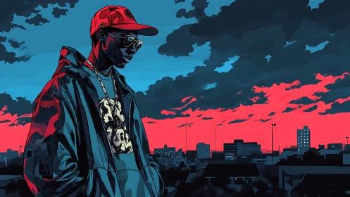 Streetwear figure stands over city at graphic sunset