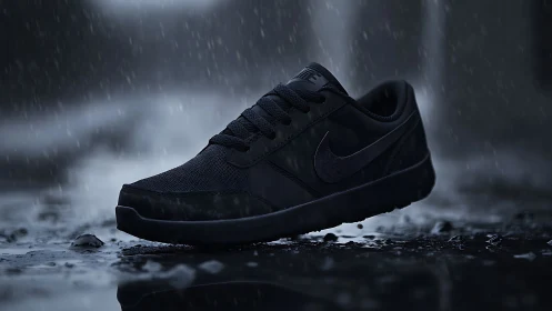 Stormlit black sneaker strides through rain-soaked silence.