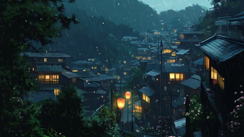 Rain-soaked hillside town glows with warm lantern-lit windows at dusk