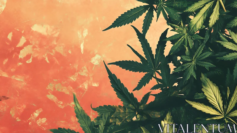 Cannabis leaves cast graphic silhouettes on warm abstract ground
