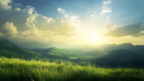 Sunlit meadow breathing over rolling emerald mountain hush.