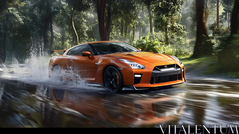 Orange thunderbolt skims rain-slick jungle asphalt in flight