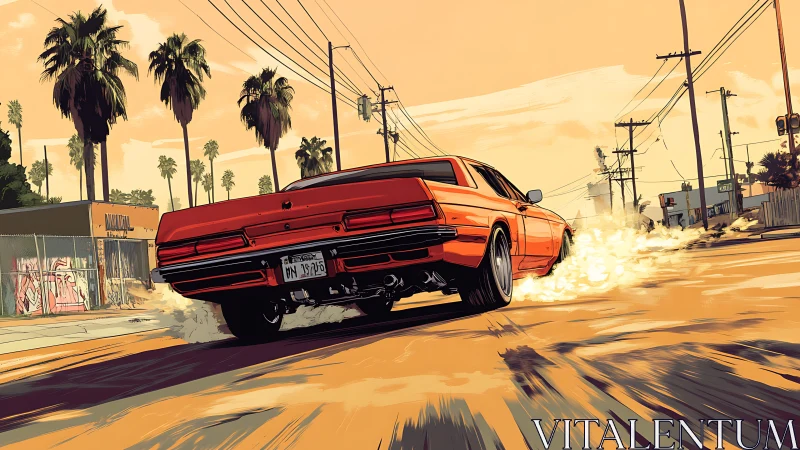 Muscle car drifts through a sunlit palm-lined city street.