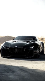 Shadow-black BMW supercar stalks sunlit desert road.