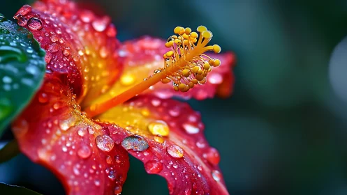 Macro view of wet red hibiscus flower and yellow stigma.