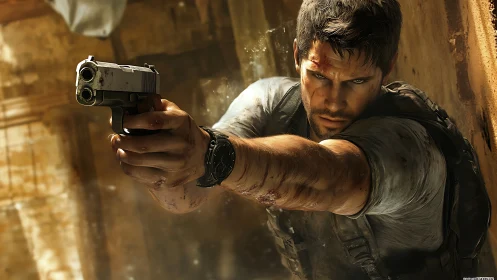 Battle worn tactical operative aiming handgun in urban alley