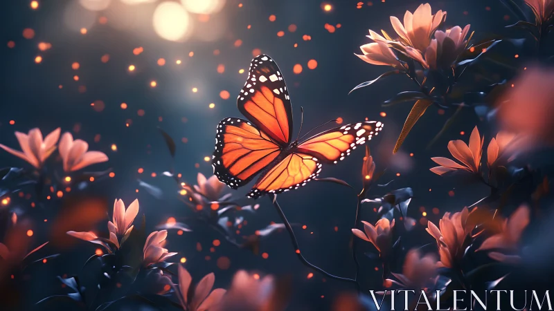 Backlit monarch butterfly hovers amid bokeh-lit blossoms at dusk