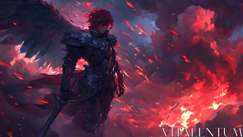 Winged armored figure in red-lit storm cloud environment.