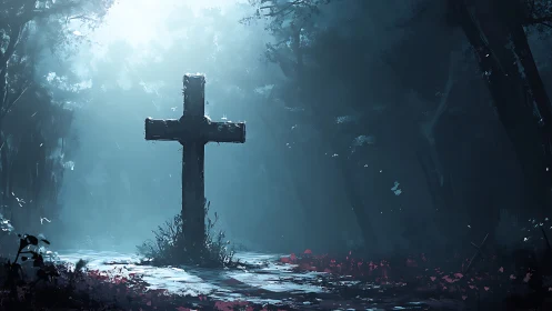 Mossy stone grave cross in misty backlit forest clearing