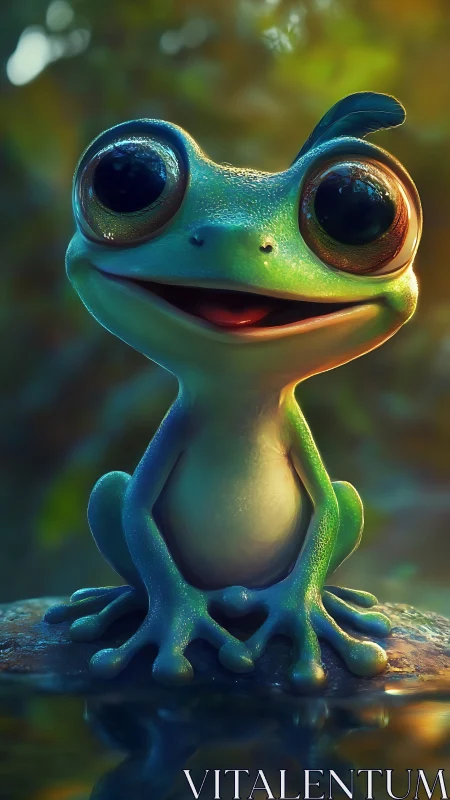 Wide-eyed cartoon frog sitting on a reflective rock surface.