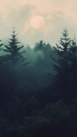 Misty Forest Landscape with Rising Sun Through Haze.