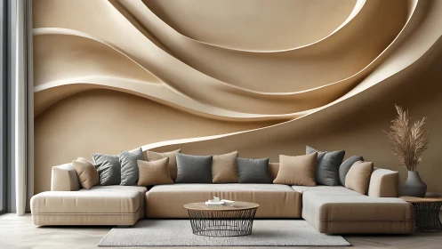 Curved wall relief frames sectional sofa in neutral interior