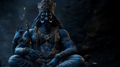 Midnight blue deity in calm, ember-lit meditation.