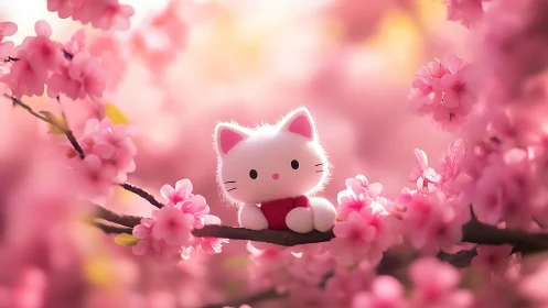 White cartoon cat toy on branch among pink blossoms.