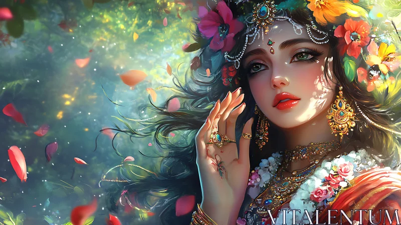 Flower-crowned forest goddess bathed in jeweled sunlight.