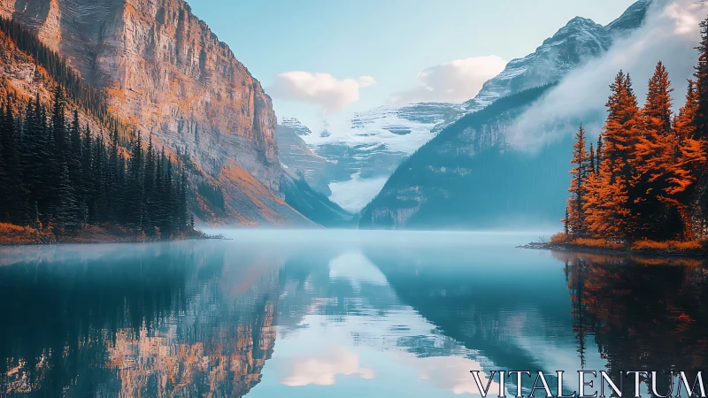 Mountain lake reflection with autumn forest and misty peaks.