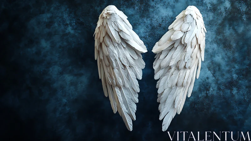 White feathered wings on textured dark blue backdrop.