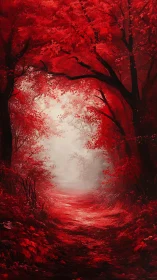 Crimson forest corridor dissolving into silver-white dreamlight.