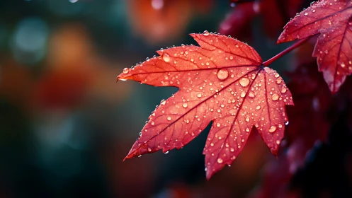 Red maple leaves with water droplets against blurred background.