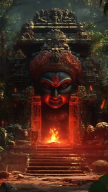 Ancient jungle temple gate glows with fiery guardian visage.