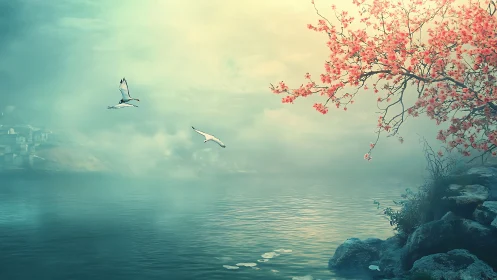 Serene misty lake hosts cranes beneath blooming cherry branch