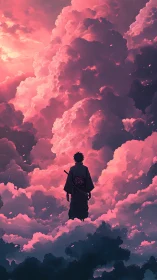 Solitary swordsman in volumetric crimson cumulonimbus sky.