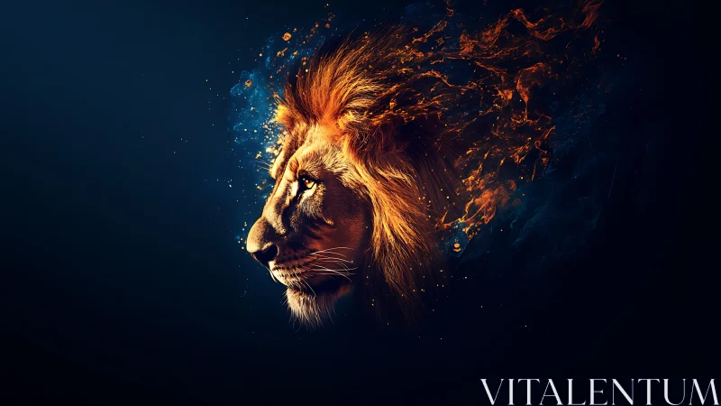 Lion profile integrates with abstract flame-like particle dispersion