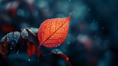 Crimson leaf with raindrops in cinematic macro focus.