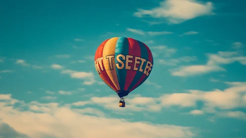 Color-striped hot air balloon ascends against teal sky