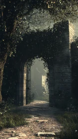 Sunlit stone archway opens into a forgotten forest path