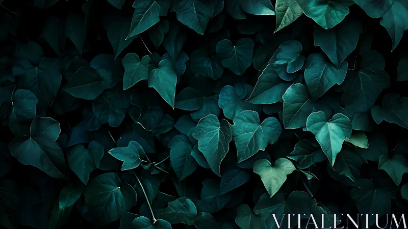 Dense overlapping ivy leaves in low ambient light conditions.