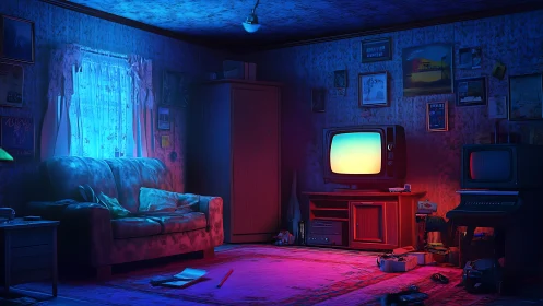 Retro living room interior uses split blue and red lighting