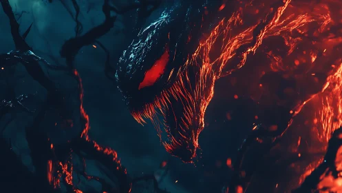 Molten shadow serpent grins through the burning midnight fog