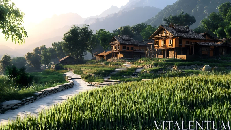 Sunlit rural village amid lush terraced rice fields at dawn.