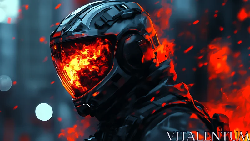 Inferno-helmed sentinel strides through ember-drowned dusk.