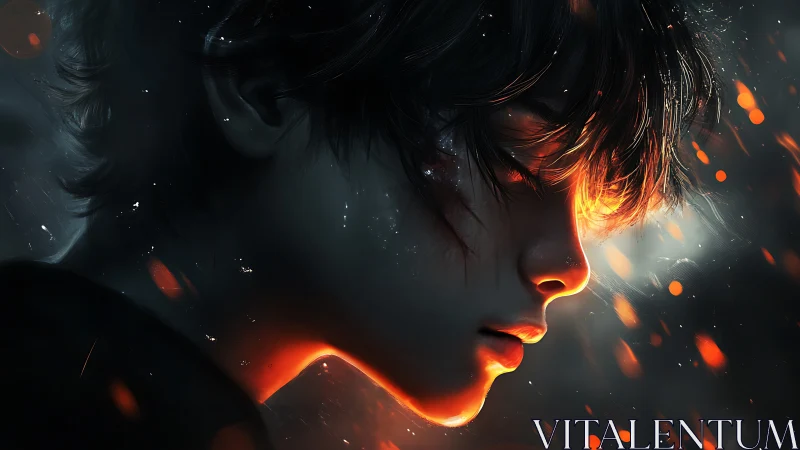 Side profile of young person lit by glowing embers.