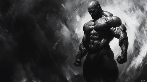 Storm-lit titan broods in swirling monochrome battle mist