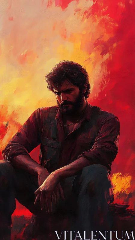 Brooding wanderer wrapped in wildfire dusk and quiet regret.