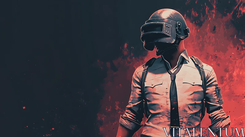 Helmeted game combatant in white shirt amid red backdrop.