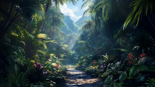 Dense Tropical Rainforest Corridor with Layered Canopy Composition.