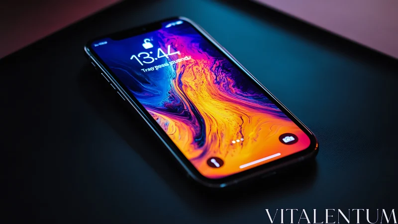 iPhone with Vibrant Fluid Art Wallpaper Display.