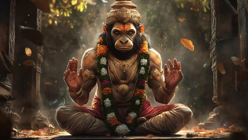 Divine simian guardian meditating in a sunlit temple court.